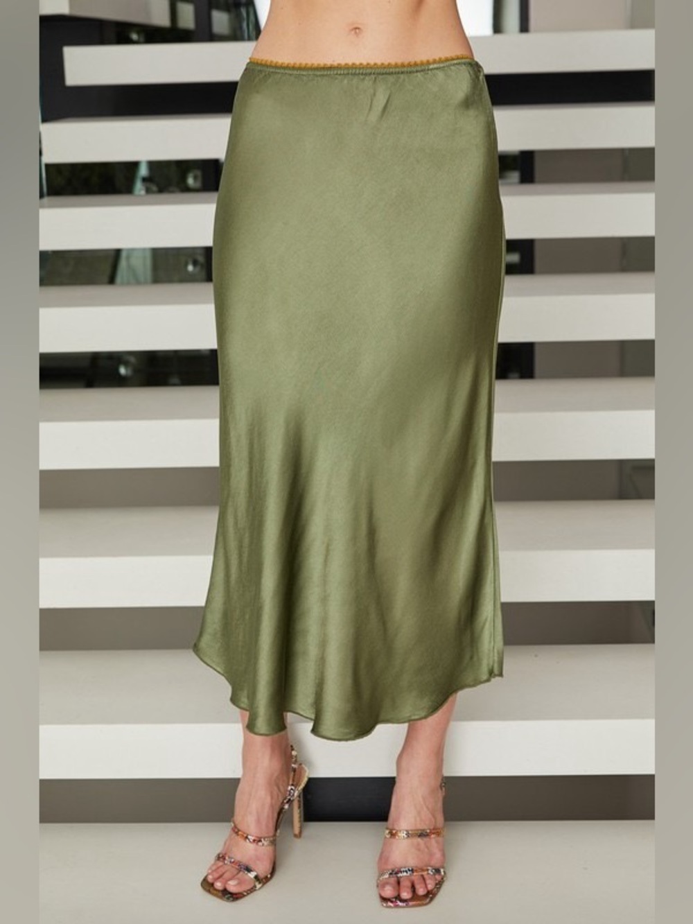 (9298/235110-ARMY) SOLID ELASTIC LACE TRIM WAIST SILKY VISCOSE MAXI SKIRT